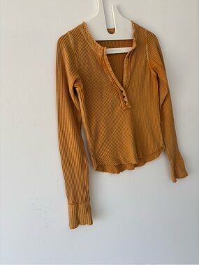 Free People Colt Top rust mustardy waffle-knit cotton henley pullover S/P